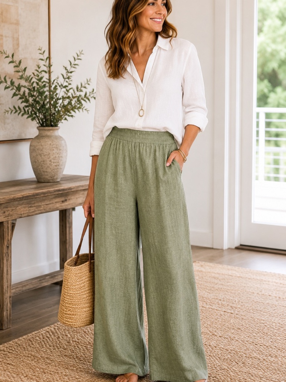 Ella Moss Wide Leg Pants XL Olive Green Pull On Linen Blend Coastal Boho